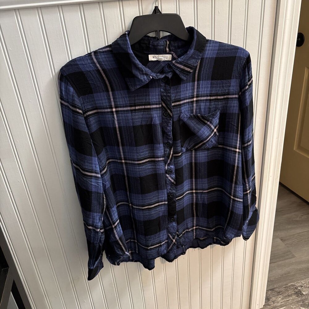 Women Flannel Plaid Workshop Blue Pocket Button up Shirt  1X  Preowned Chest 46"